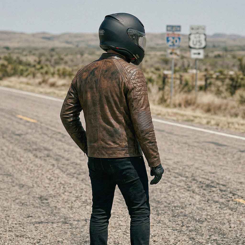 Back view of rider wearing RIDERACT cafe racer leather motorcycle jacket on the road