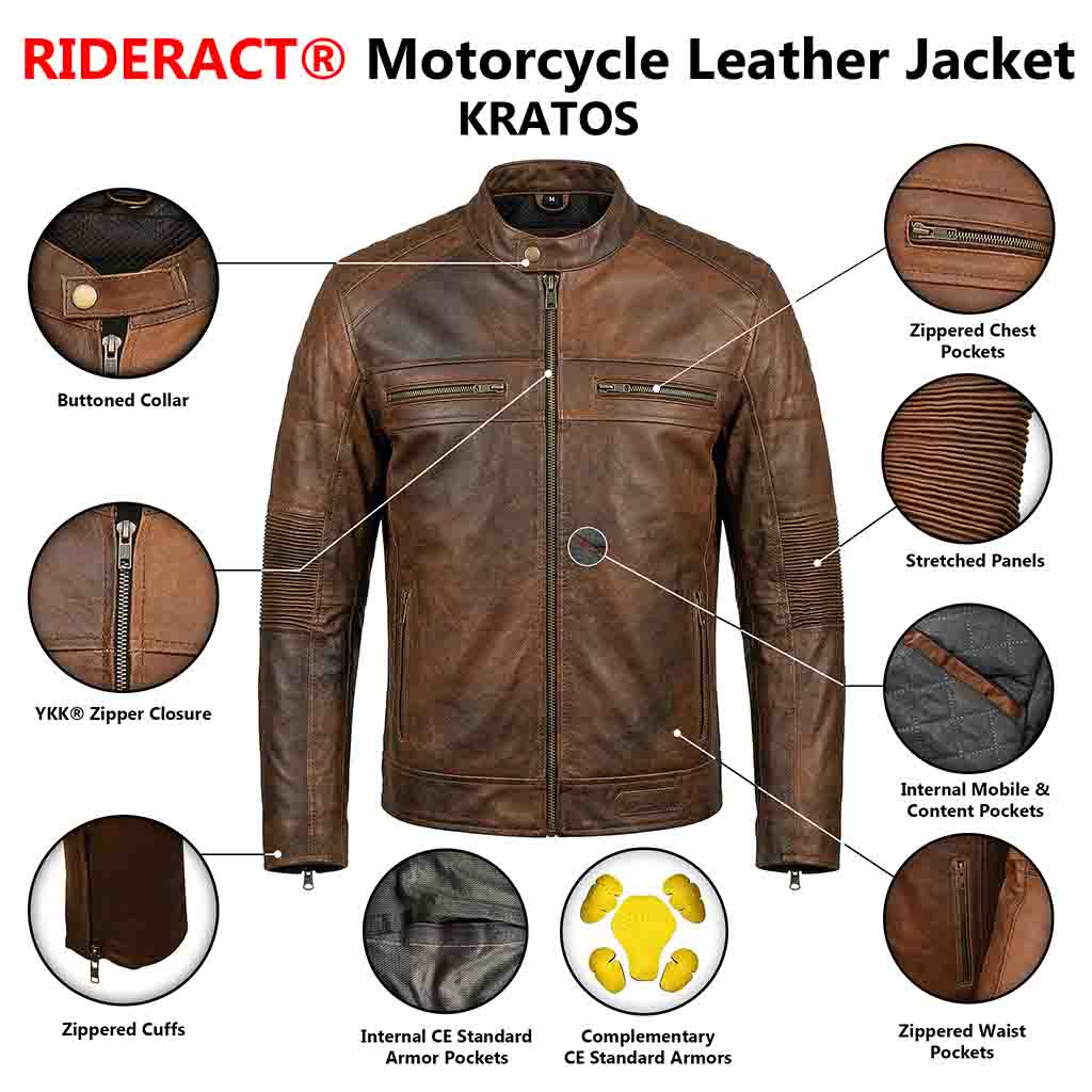 RIDERACT motorcycle leather jacket features including CE armor, pockets, and protective details