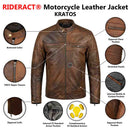 RIDERACT motorcycle leather jacket features including CE armor, pockets, and protective details