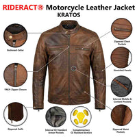RIDERACT motorcycle leather jacket features including CE armor, pockets, and protective details