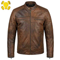 RIDERACT men's brown leather motorcycle jacket with cafe racer style and CE armor pads