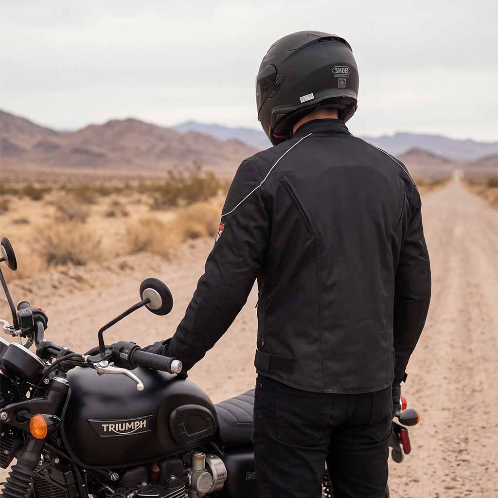 Back view of RiderACT Cordura motorcycle jacket with classic riding fit
