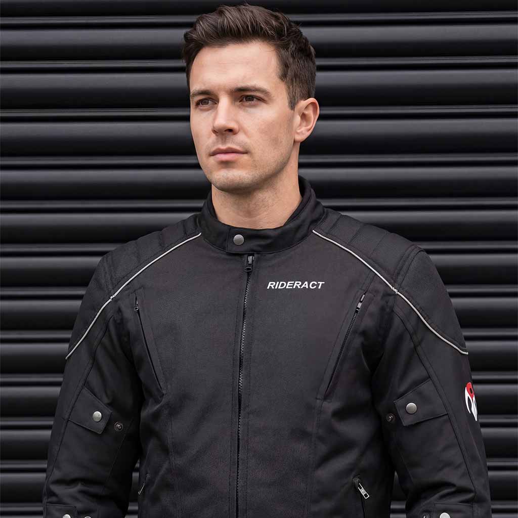 Front view of RiderACT classic motorcycle riding jacket with protective design and reflective details