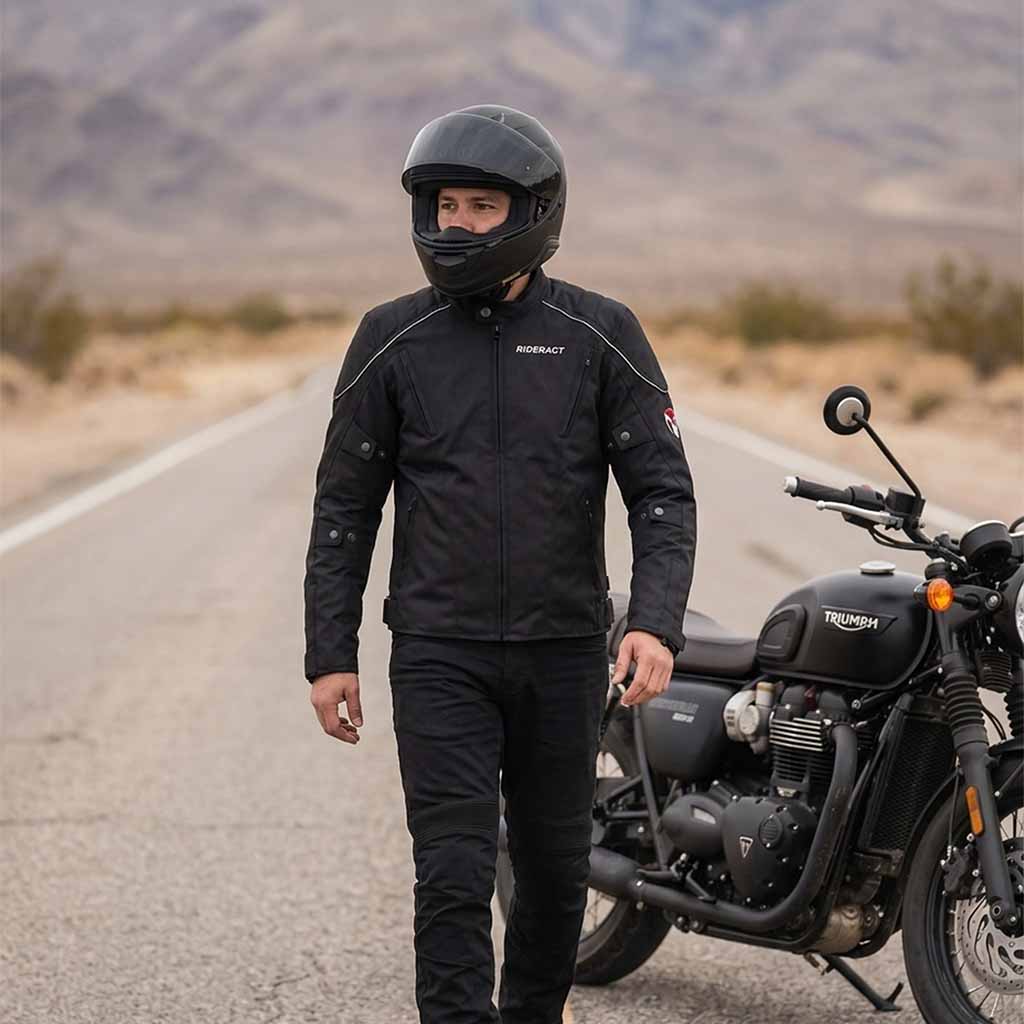 Rider wearing RiderACT protective motorcycle jacket beside motorcycle on the road