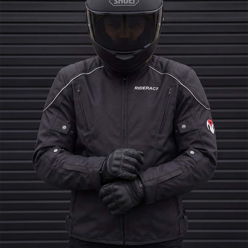 RiderACT black motorcycle jacket with CE protective armor design
