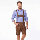 A man modeling traditional Bavarian attire, featuring brown leather Lederhosen with embroidered details and suspenders, paired with a blue and white checkered long-sleeve shirt, against a plain white studio background.