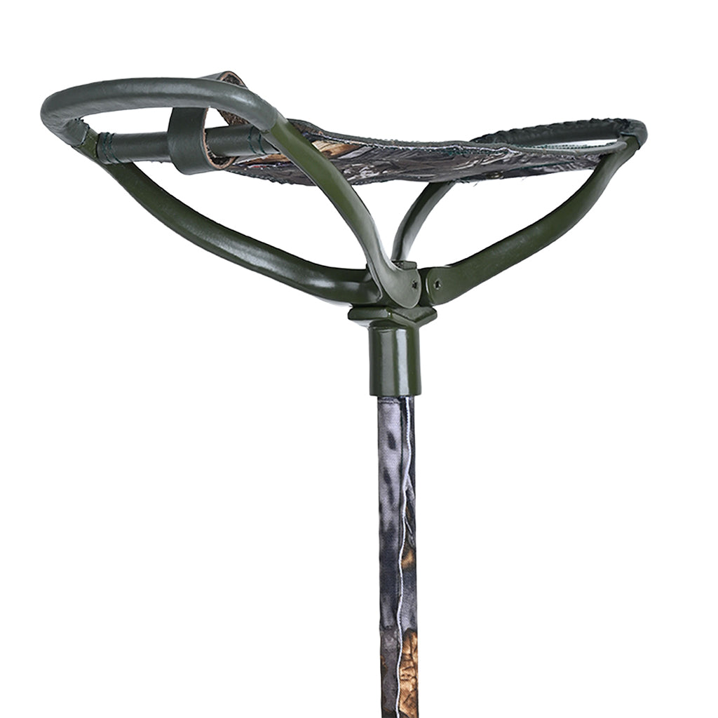 Side view of stainless steel walking stick with leather seat open