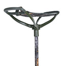 Side view of stainless steel walking stick with leather seat open