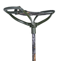 Side view of stainless steel walking stick with leather seat open