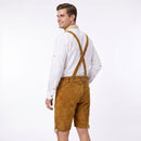 A man wearing a white long-sleeve shirt and brown suede-like suspenders and shorts, photographed from the back against a plain white studio background.