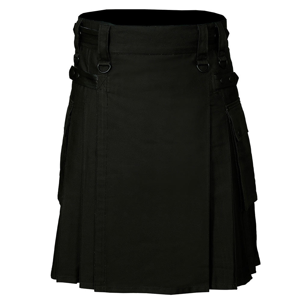 Cotton Utility Kilt Black with Adjustable Leather Straps Fastening