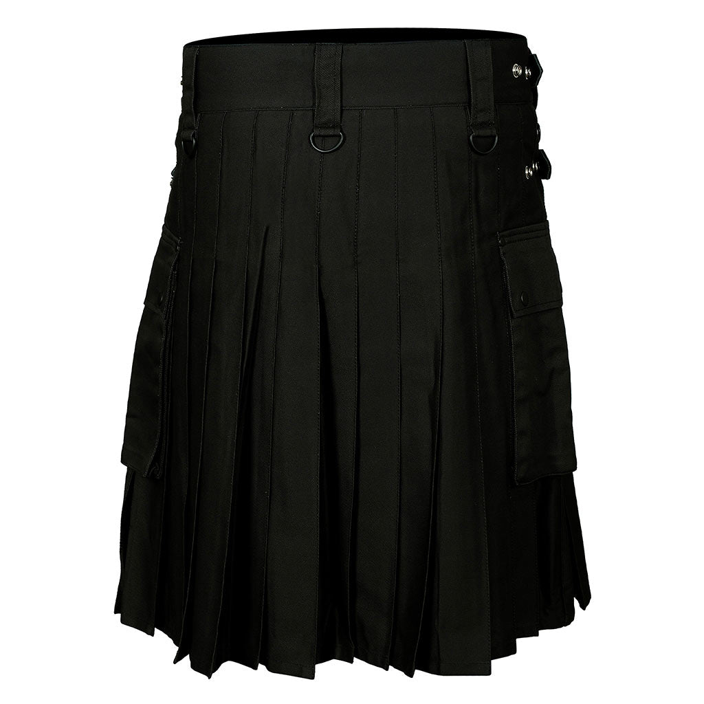 Cotton Utility Kilt Black with Adjustable Leather Straps Fastening