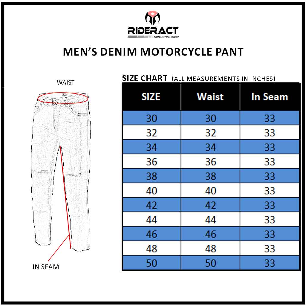 Motorcycle denim pant size chart